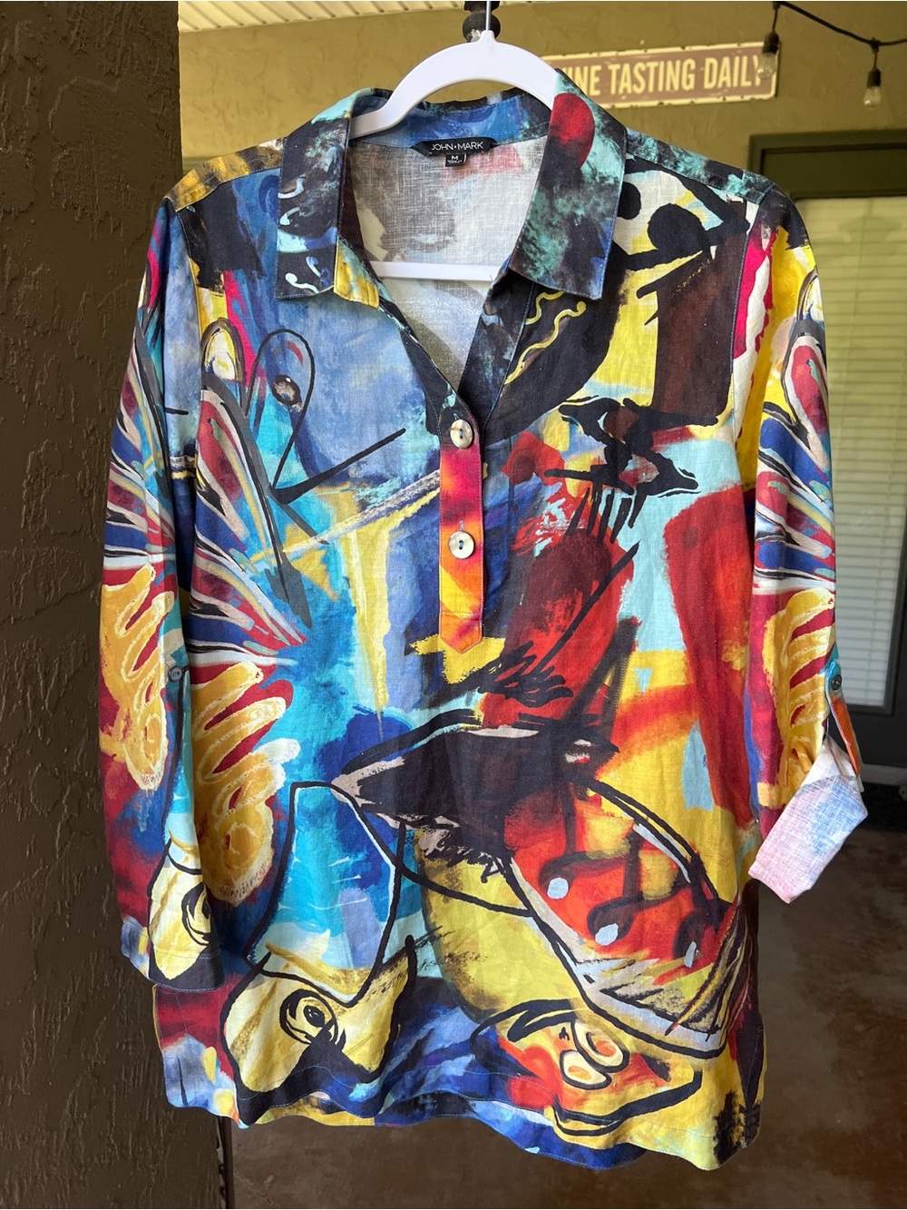 John Mark Multicolor Abstract Brushstroke Linen Partial Button-Front Top Size M